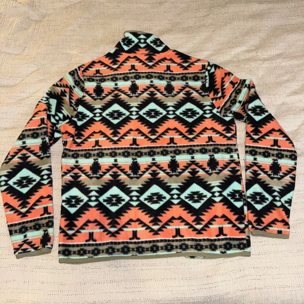 WeSC Mens Large Southwestern Aztec Fleece Full Zip Jacket Teal Orange Geometric